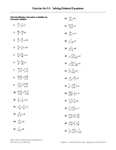 Rational Equations Worksheet