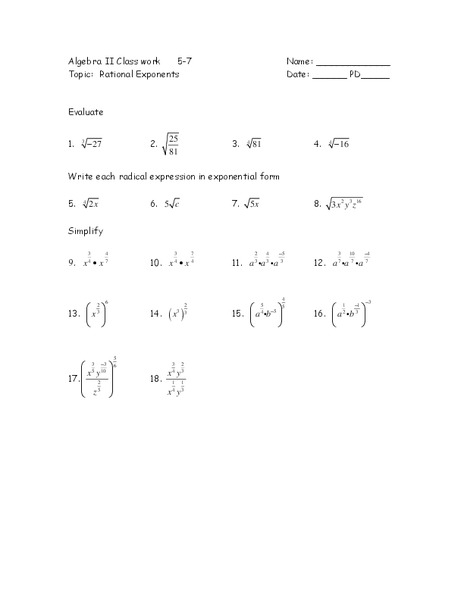 Rational Exponents Worksheet