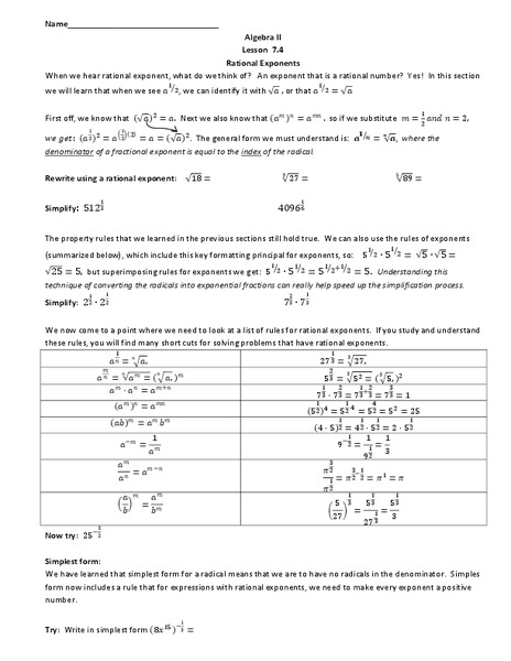 Rational Exponents Worksheet
