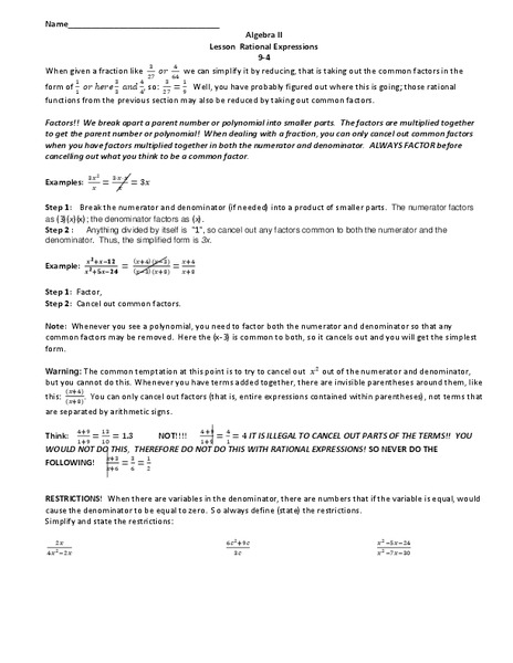 Rational Expressions Worksheet