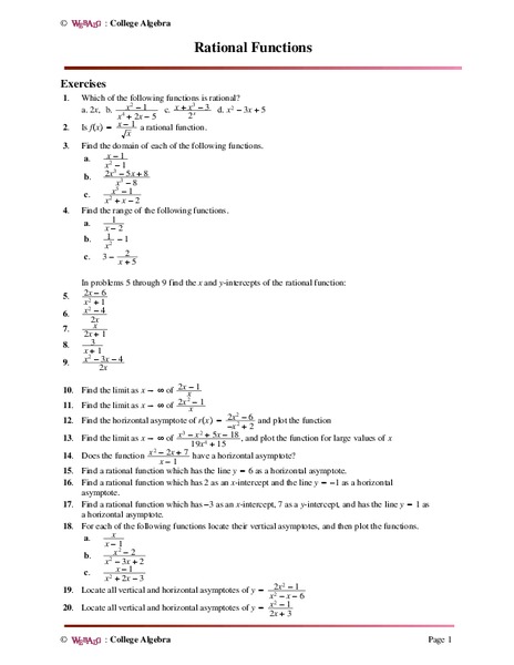 Rational Functions Worksheet