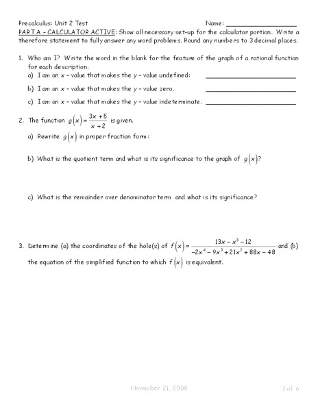 Rational Functions Worksheet