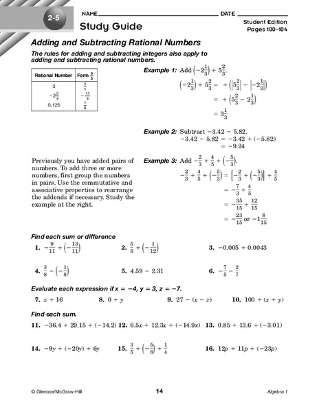 Rational Numbers Worksheet