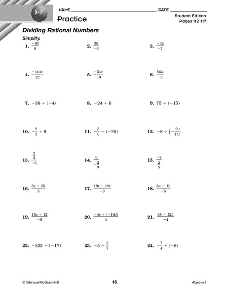 Rational Numbers Worksheet