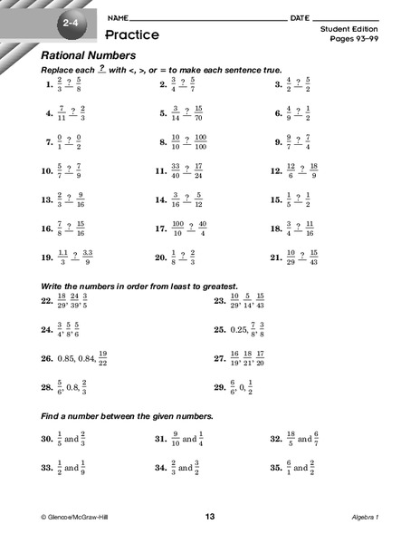 Rational Numbers Worksheet