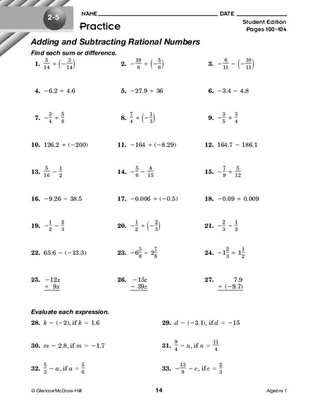 Rational Numbers Worksheet