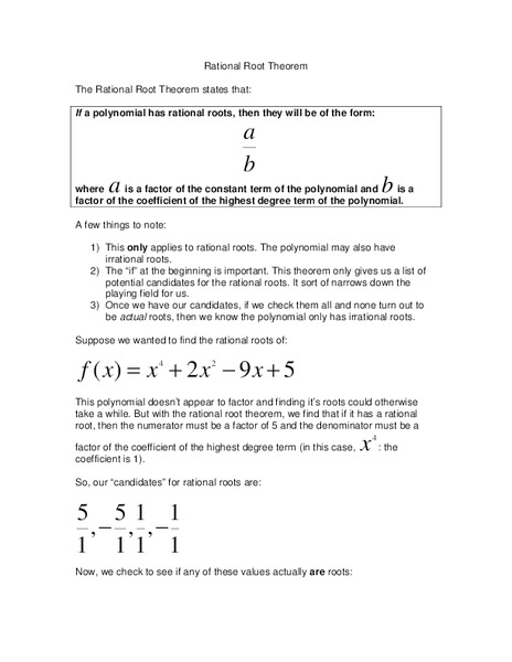 Rational Root Theorem Worksheet