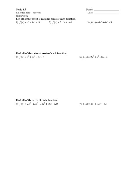 Rational Zero Theorem Worksheet