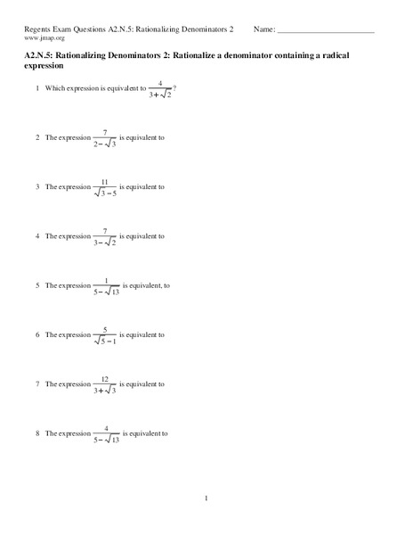 Rationalizing Denominators Worksheet