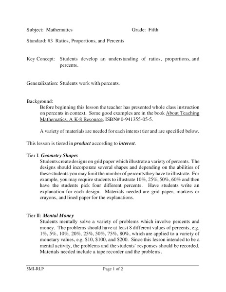 Ratios, Proportions and Percents Lesson Plan