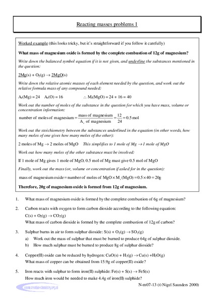 Reacting Masses Problems Worksheet