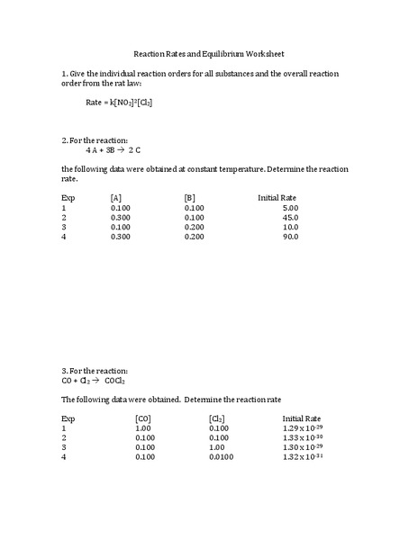 Reaction Rates and Equilibrium Worksheet Worksheet