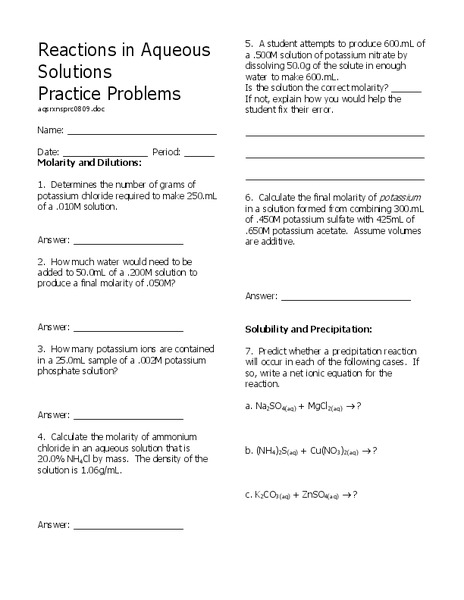 Reactions in Aqueous Solutions Worksheet