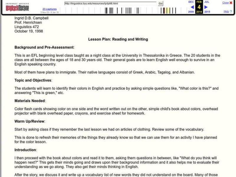 Reading and Writing Lesson Plan