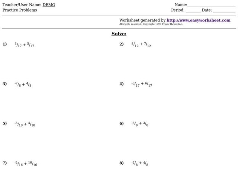 Adding Fractions with Like Denominators Worksheet