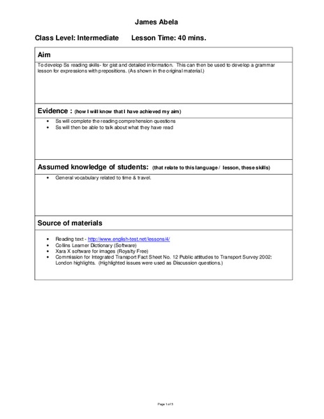 Reading Comprehension Lesson Plan