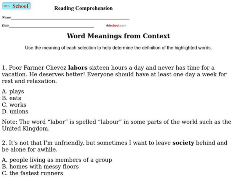 Reading Comprehension Worksheet