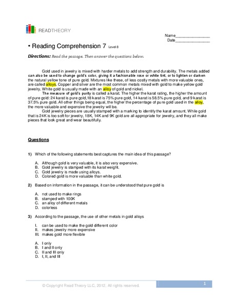 Reading Comprehension Worksheet