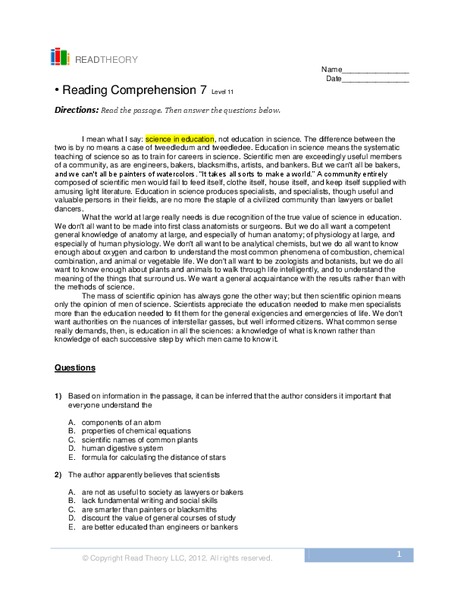 Reading Comprehension  Worksheet