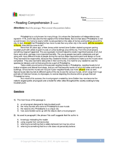 Reading Comprehension  Worksheet