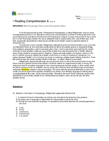 Reading Comprehension Worksheet