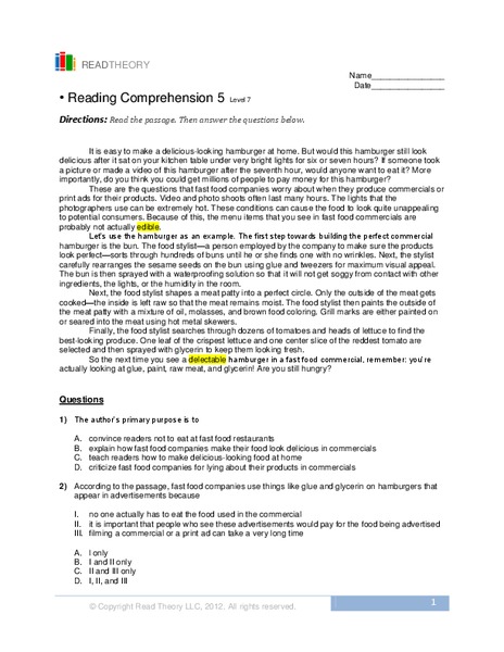 Reading Comprehension 5 Worksheet
