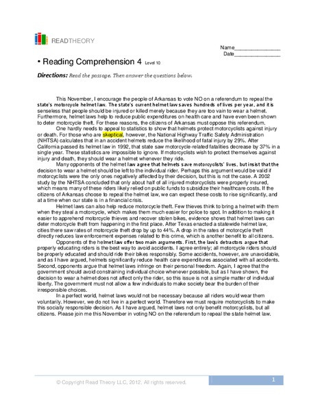 Reading Comprehension 4  Worksheet