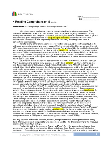 Reading Comprehension 5  Worksheet