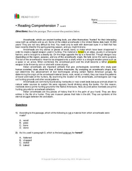 Reading Comprehension 7 Worksheet