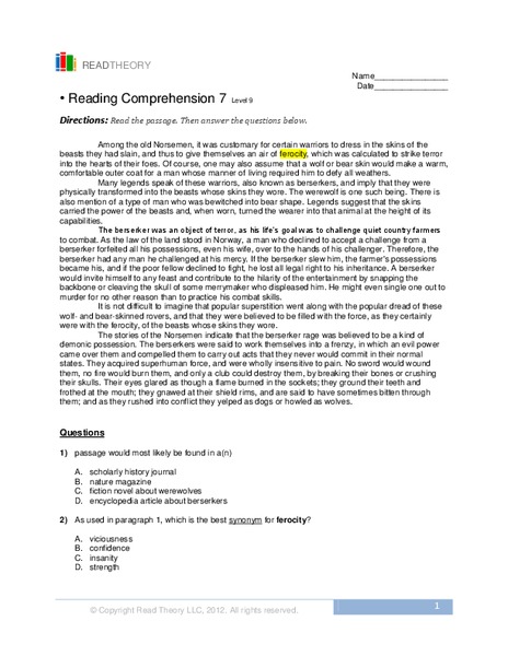 Reading Comprehension 7  Worksheet