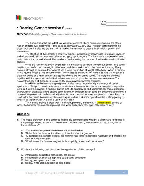 Reading Comprehension 8  Worksheet