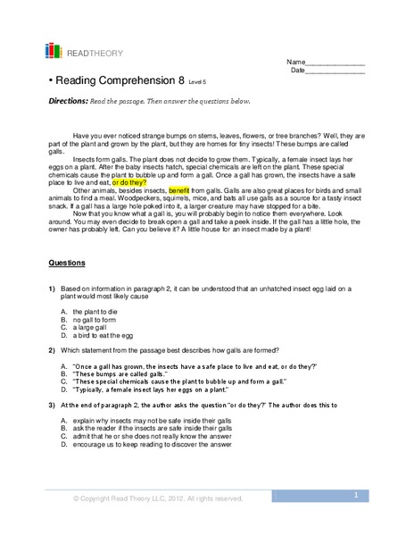 Reading Comprehension 8  Worksheet