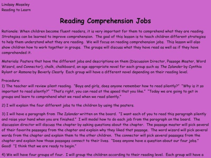 Reading Comprehension Jobs Lesson Plan