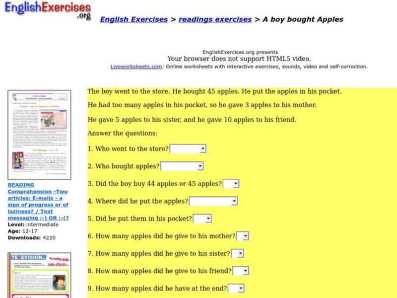 Reading Comprehension Exercise Interactive