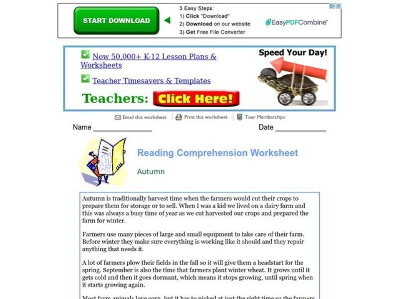 Reading Comprehension Worksheet Worksheet