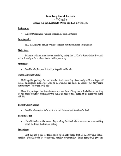 Reading Food Labels Lesson Plan