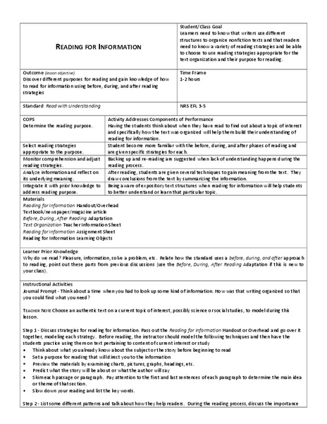 Reading For Information Lesson Plan
