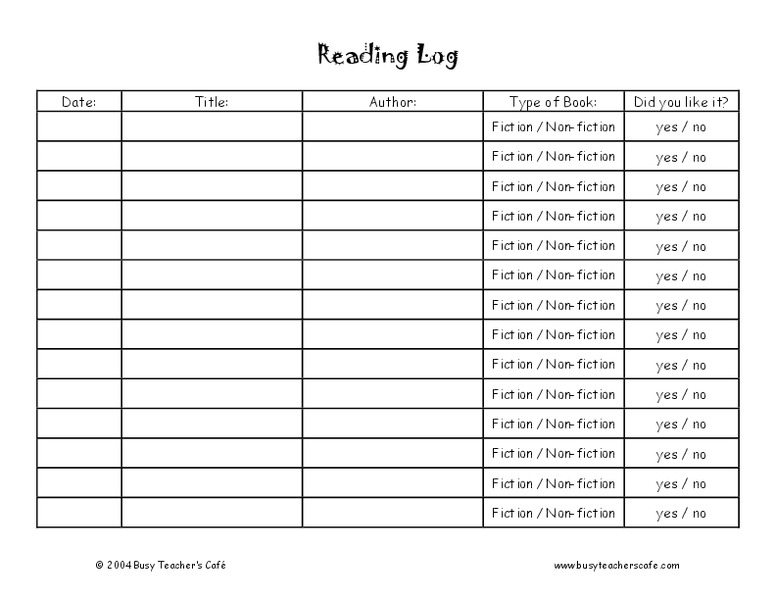 Reading Log Worksheet