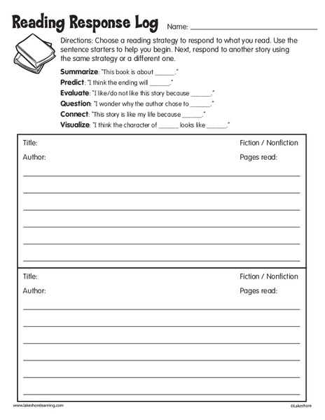 Reading Response Log Worksheet
