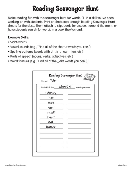 Reading Scavenger Hunt Worksheet