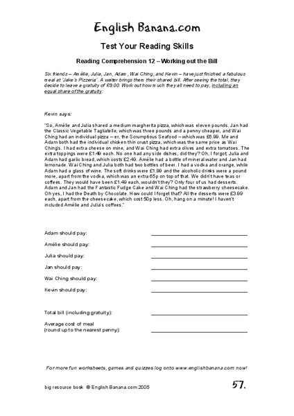 Reading Skills Worksheet