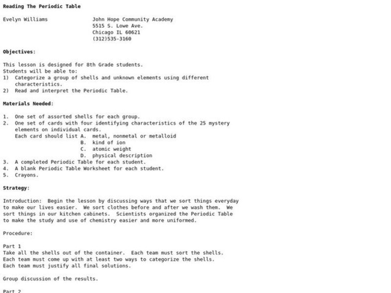 Reading The Periodic Table Lesson Plan