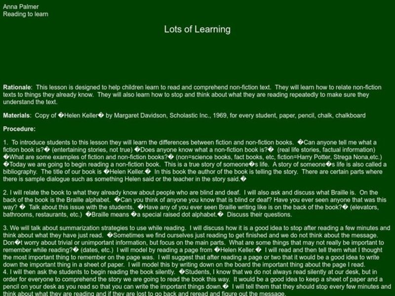 Reading to Learn Lesson Plan