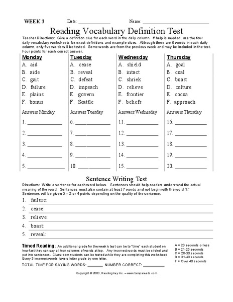 Reading Vocabulary Definition Test Worksheet