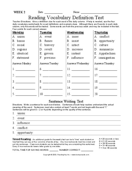 Reading Vocabulary Definition Test Worksheet