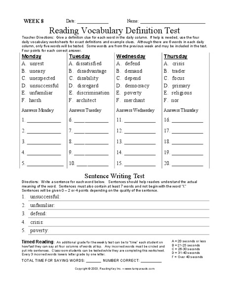 Reading Vocabulary Definition Test  Worksheet