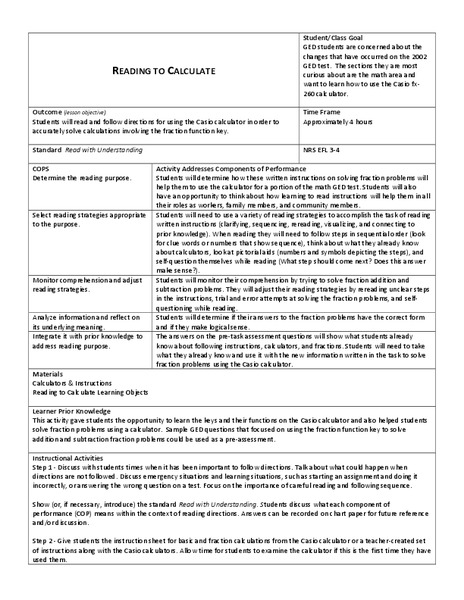 Reading to Calculate Lesson Plan
