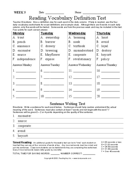 Reading Vocabulary Definition Test Worksheet