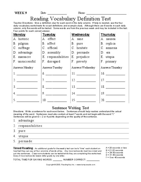 Reading Vocabulary Definition Test Worksheet