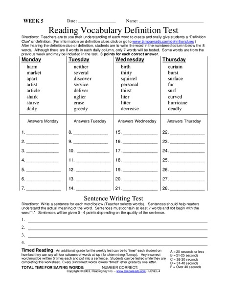 Reading Vocabulary Definition Test Worksheet